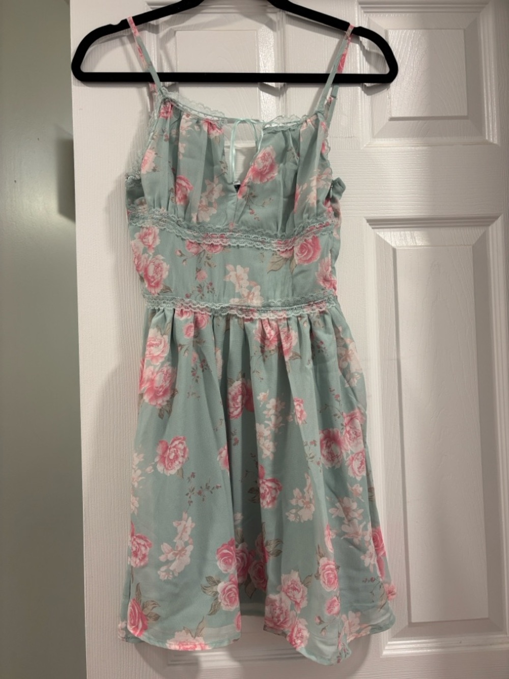 Fashion Nova Mint Green Mini Dress with Pink Rose Print